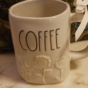 NWT Rae Dunn Jumbo Coffee Mug, Creamy White Pottery With Floral Motif